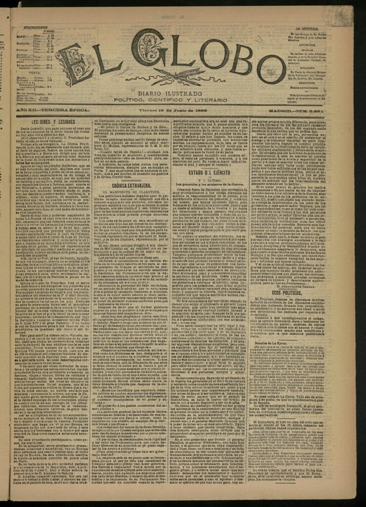 Miniatura de El Globo : diario ilustrado del 18 de junio de 1886, nº 3884