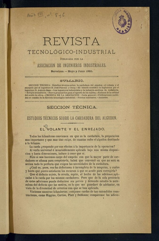 Miniatura de Revista Tecnológico industrial de mayo y junio de 1880