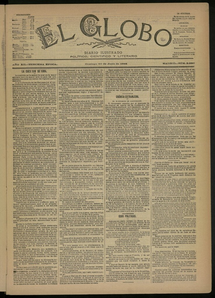 Miniatura de El Globo : diario ilustrado del 20 de junio de 1886, nº 3886