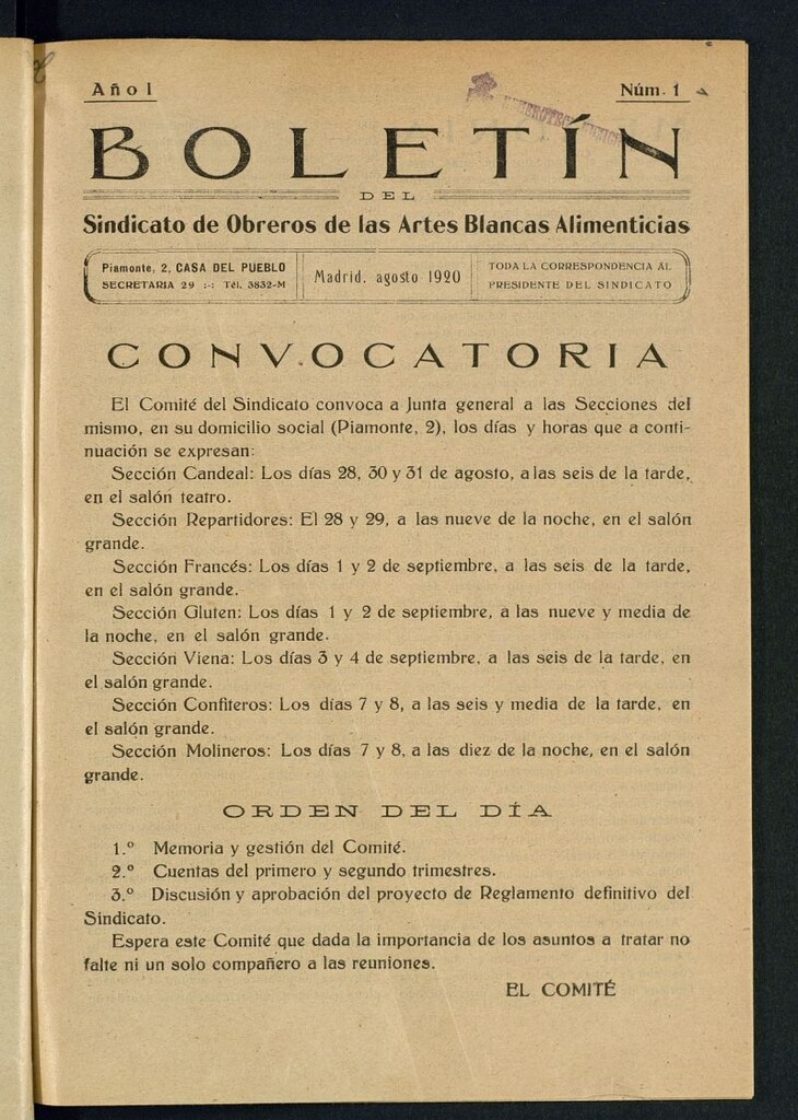 Miniatura de Boletín del Sindicato de Obreros de las Artes Blancas Alimenticias