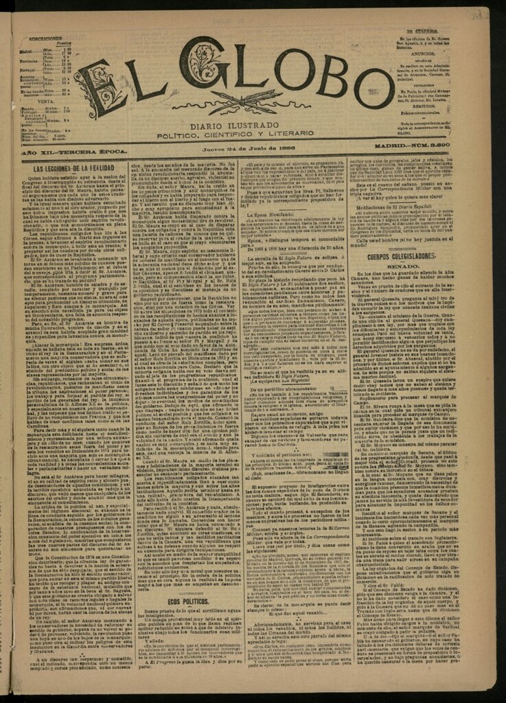 Miniatura de El Globo : diario ilustrado del 24 de junio de 1886, nº 3890