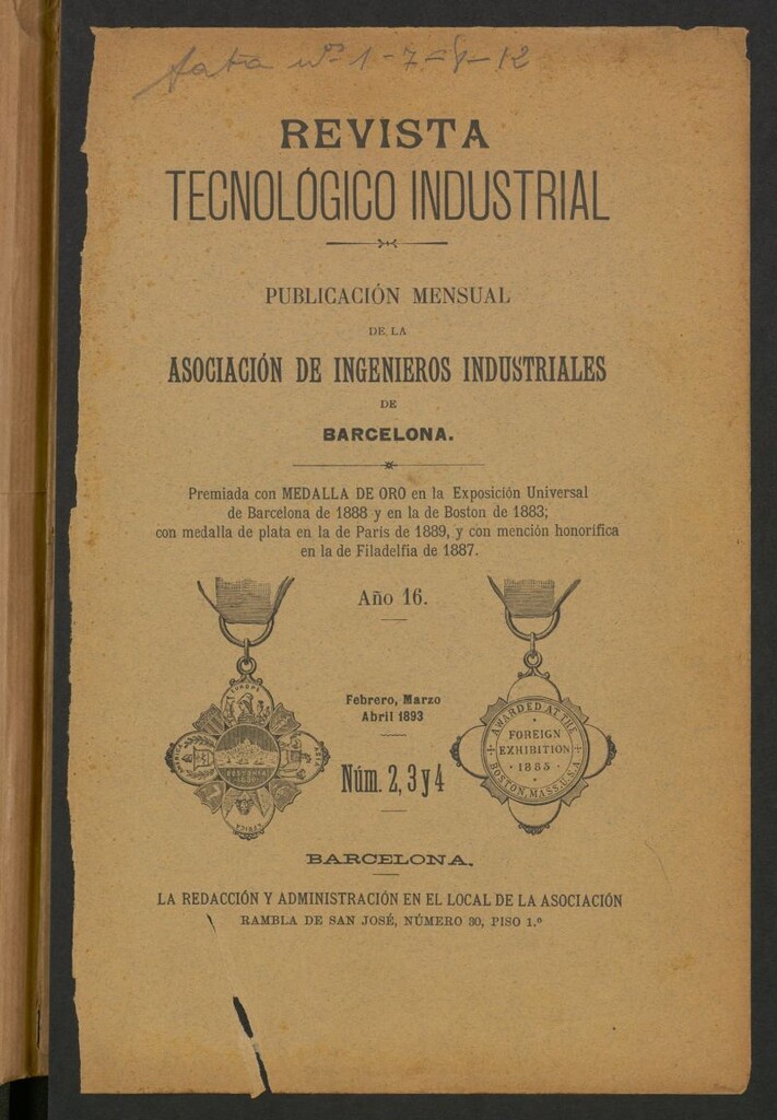 Miniatura de Revista Tecnológico Industrial  de febrero, marzo y abril de 1893