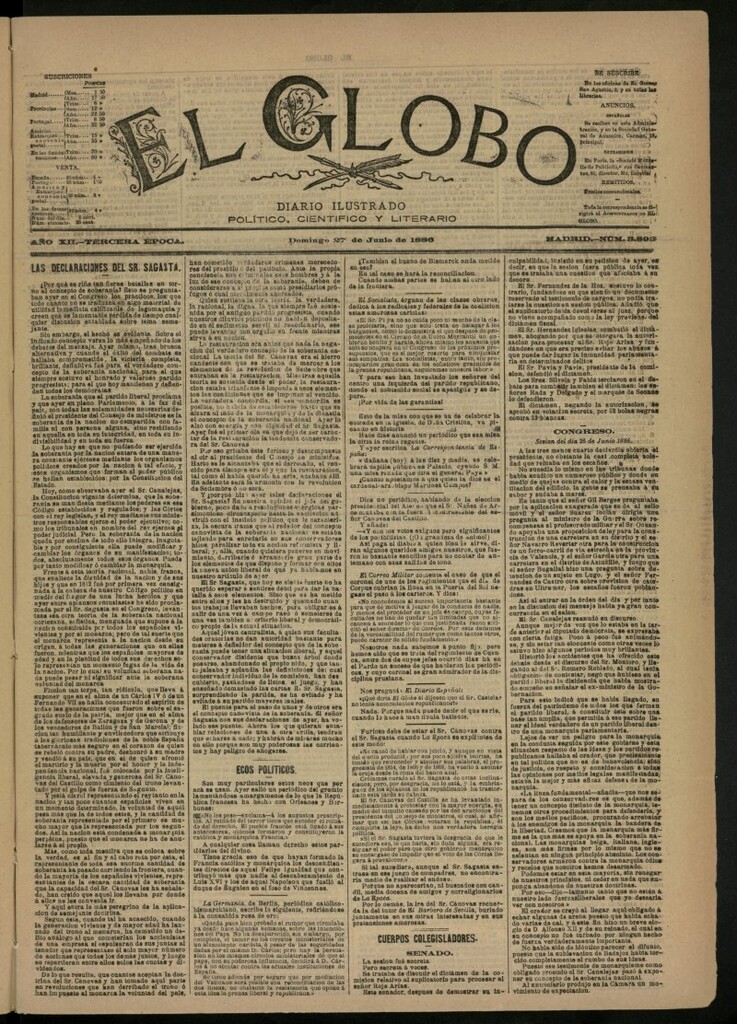 Miniatura de El Globo : diario ilustrado del 27 de junio de 1886, nº 3893