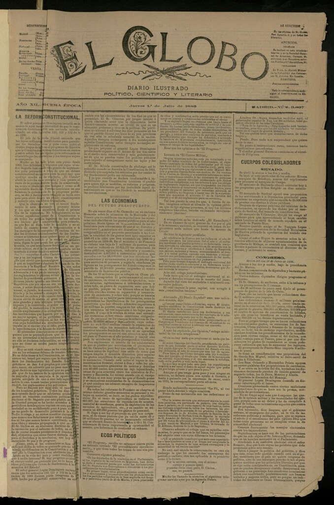 Miniatura de El Globo : diario ilustrado del 1 de julio de 1886, nº 3897