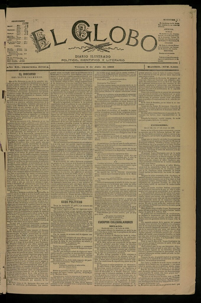 Miniatura de El Globo : diario ilustrado del 2 de julio de 1886, nº 3898