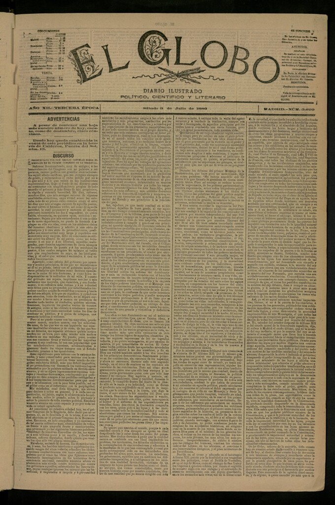 Miniatura de El Globo : diario ilustrado del 3 de julio de 1886, nº 3899