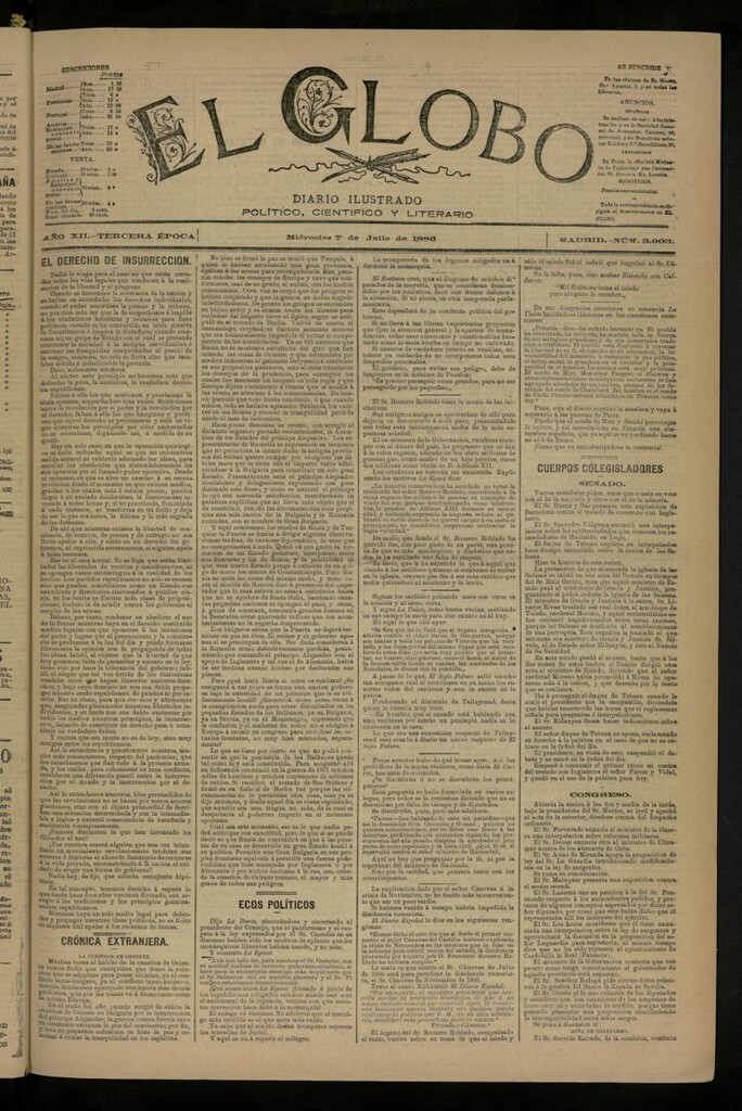 Miniatura de El Globo : diario ilustrado del 7 de julio de 1886, nº 3903