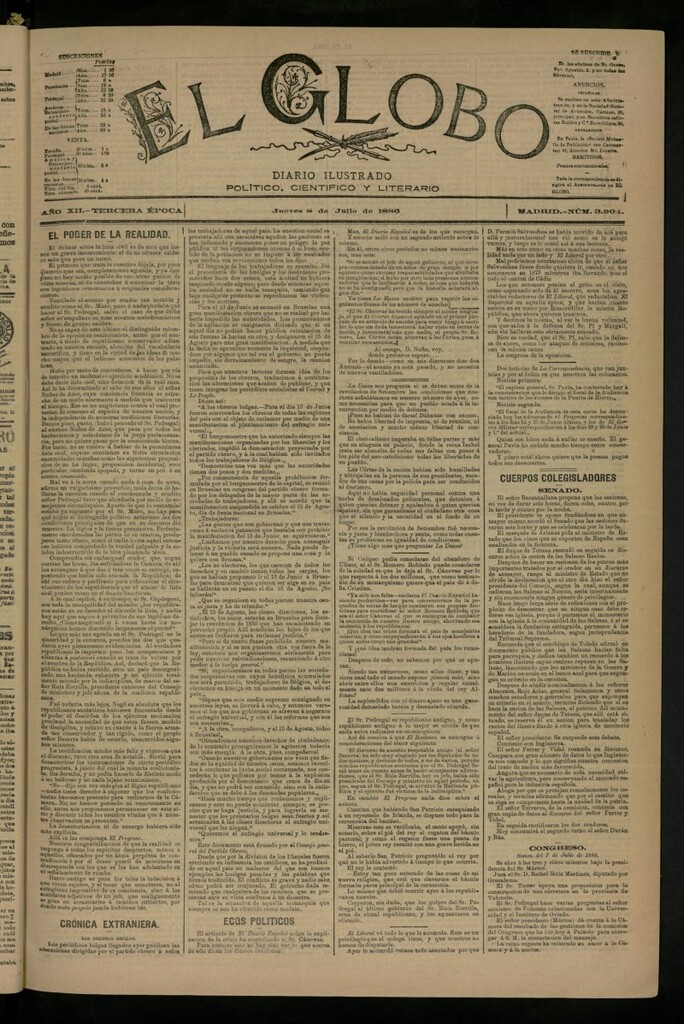 Miniatura de El Globo : diario ilustrado del 8 de julio de 1886, nº 3904