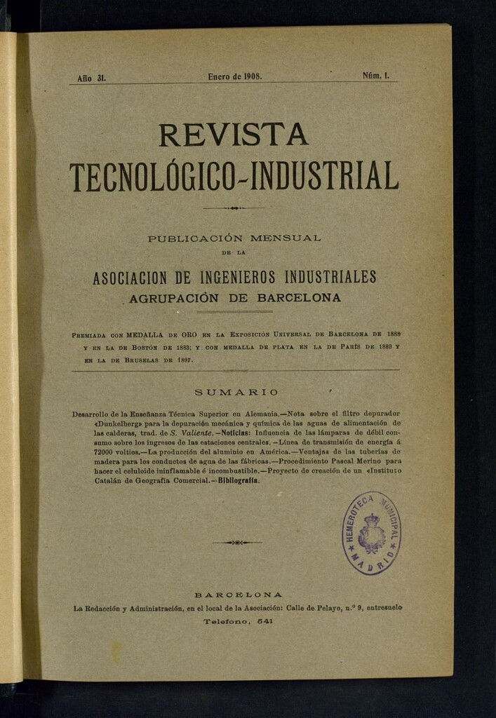Miniatura de Revista Tecnológico Industrial  de enero de 1908