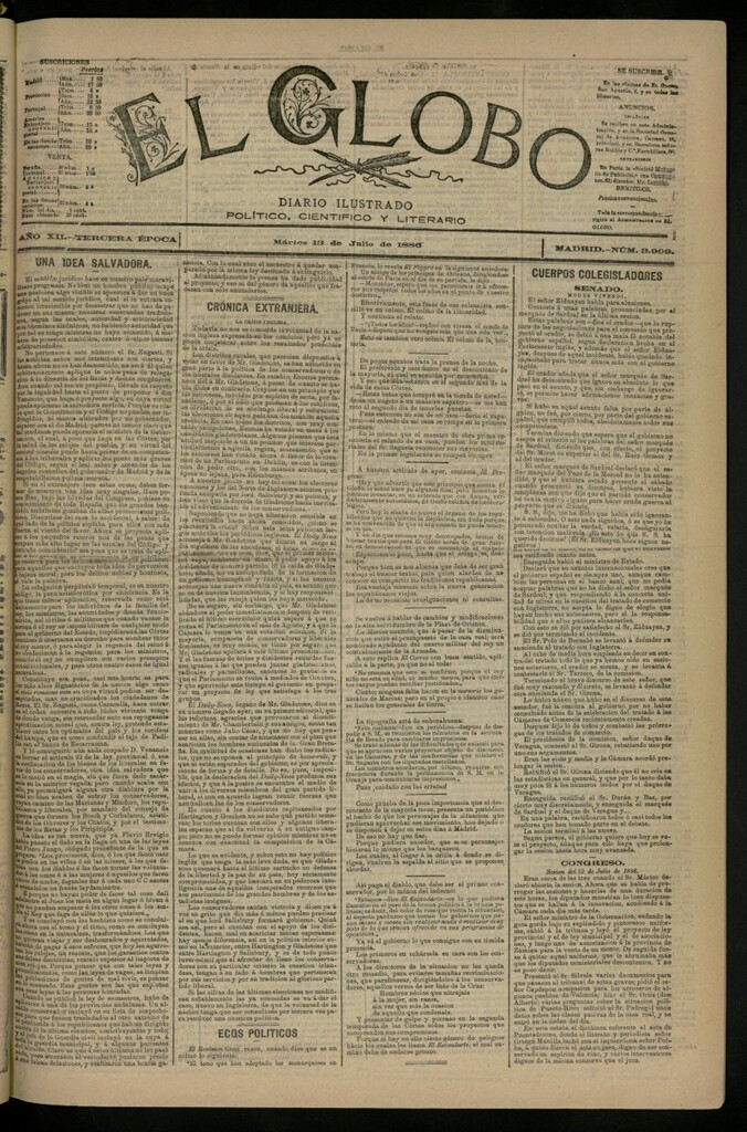 Miniatura de El Globo : diario ilustrado del 13 de julio de 1886, nº 3909