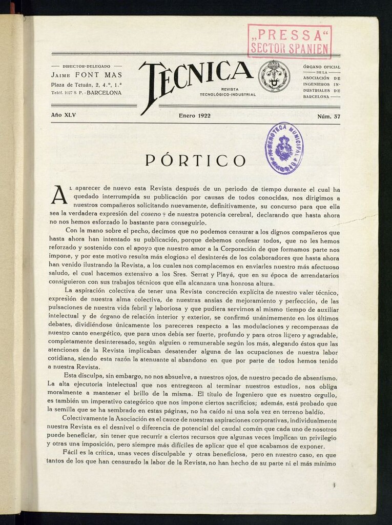 Miniatura de Revista Tecnológico Industrial de enero de 1922