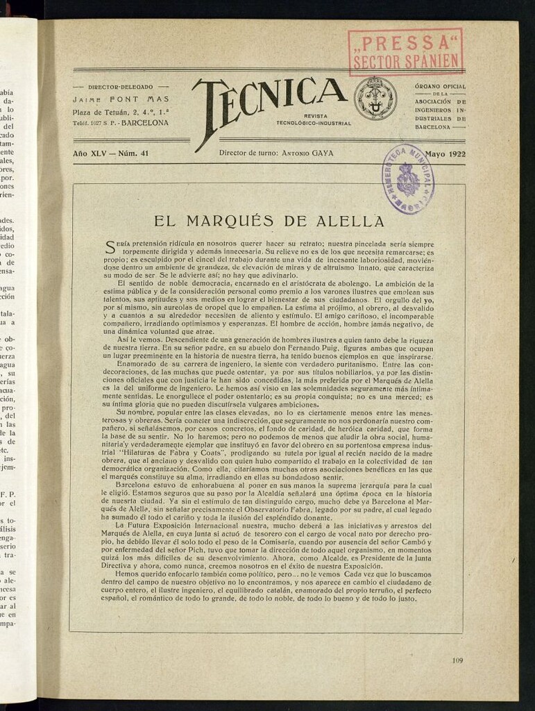 Miniatura de Revista Tecnológico Industrial de mayo de 1922