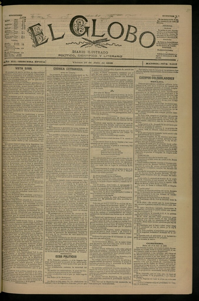 Miniatura de El Globo : diario ilustrado del 16 de julio de 1886, nº 3912