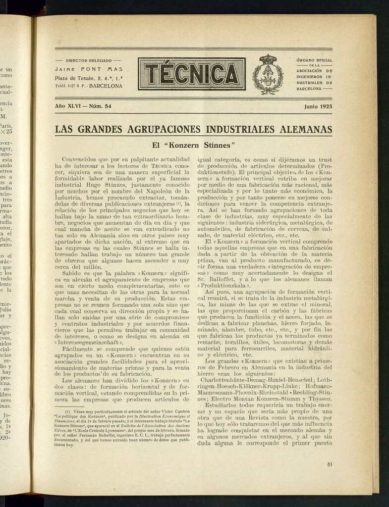 Miniatura de Revista Tecnológico Industrial de junio de 1923