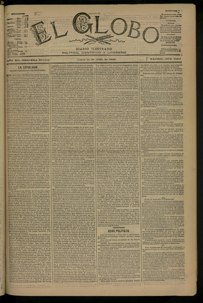 Miniatura de El Globo : diario ilustrado del 19 de julio de 1886, nº 3915