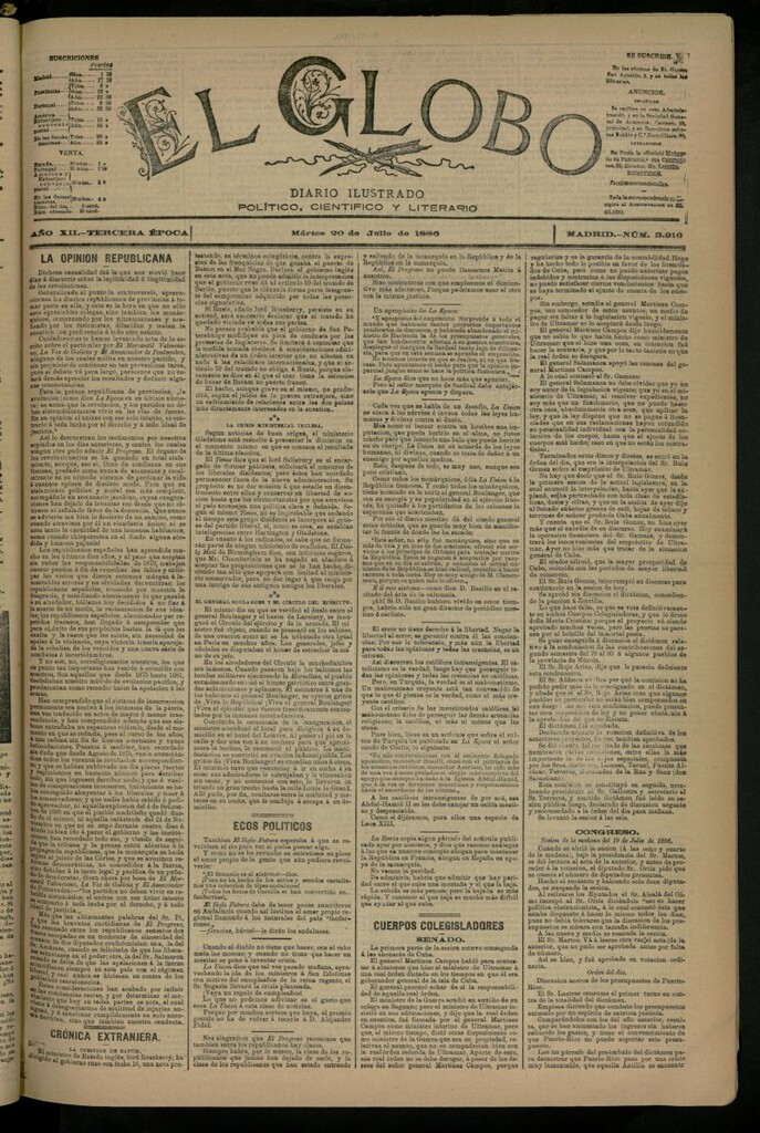Miniatura de El Globo : diario ilustrado del 20 de julio de 1886, nº 3916