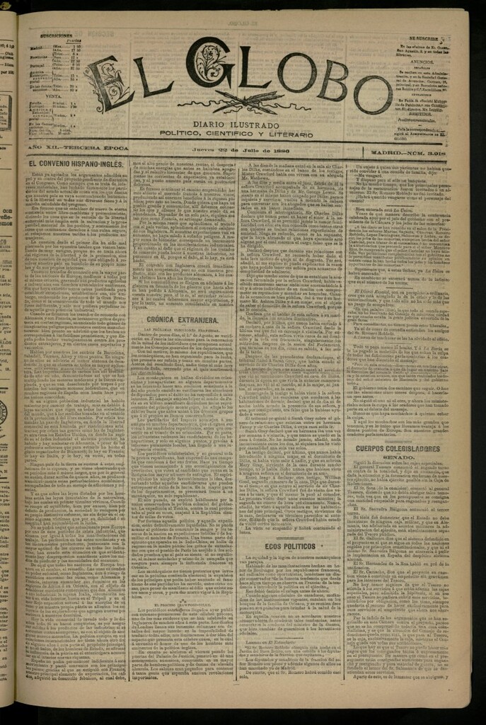 Miniatura de El Globo : diario ilustrado del 22 de julio de 1886, nº 3918