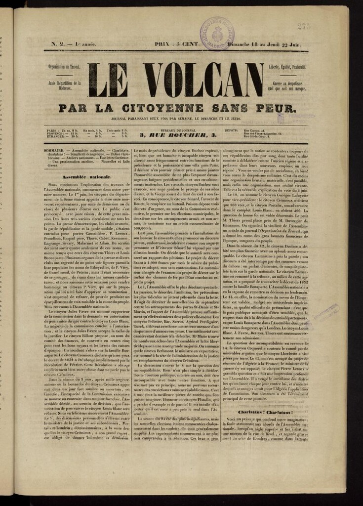 Miniatura de Le Volcan par la Citoyenne Sans Peur del 18 al 22 de junio de 1848, nº 2