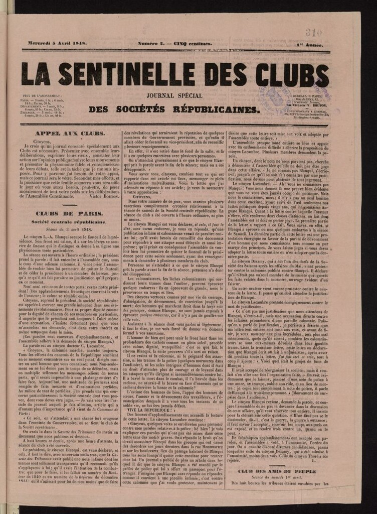 Miniatura de La Sentinelle des Clubs: journal quotidien des Sociétés Republicaines del 5 de abril de 1848, nº 2