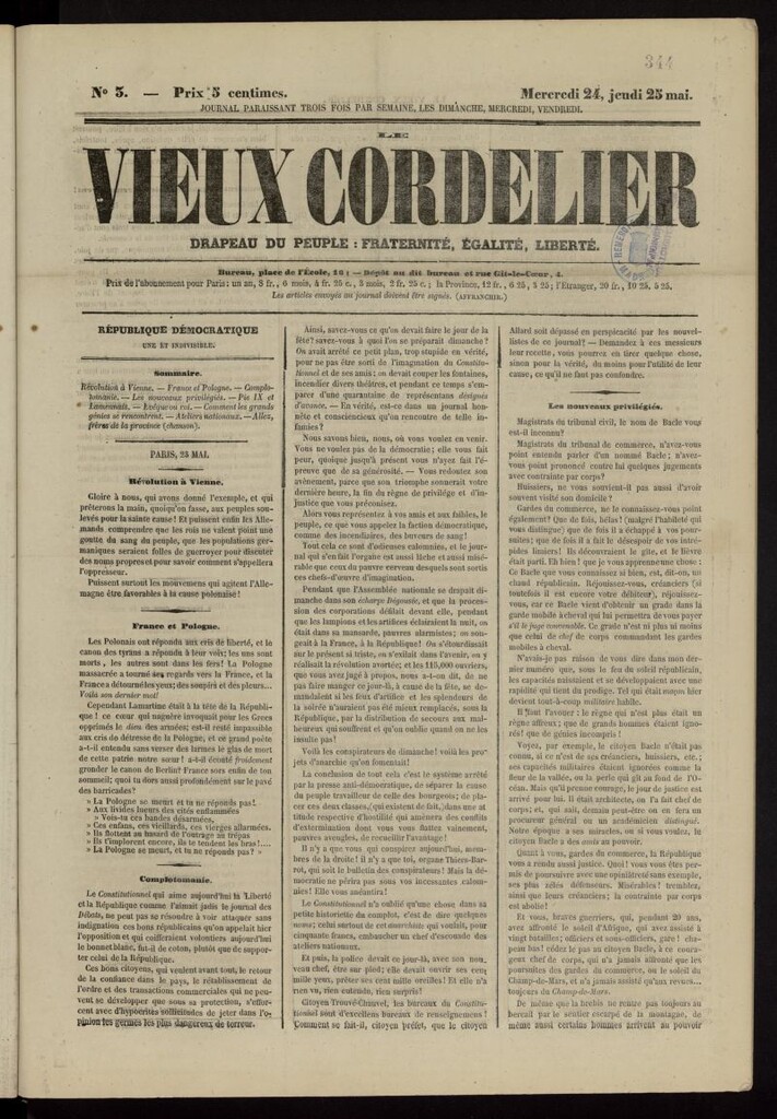 Miniatura de Le Vieux Cordelier de 1848: gazette de la révolution sociale del 24 de mayo de 1848, nº 3