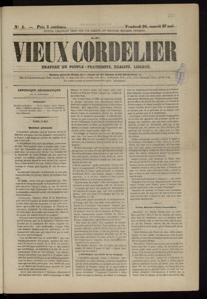 Miniatura de Le Vieux Cordelier de 1848: gazette de la révolution sociale del 26 de mayo de 1848, nº 4