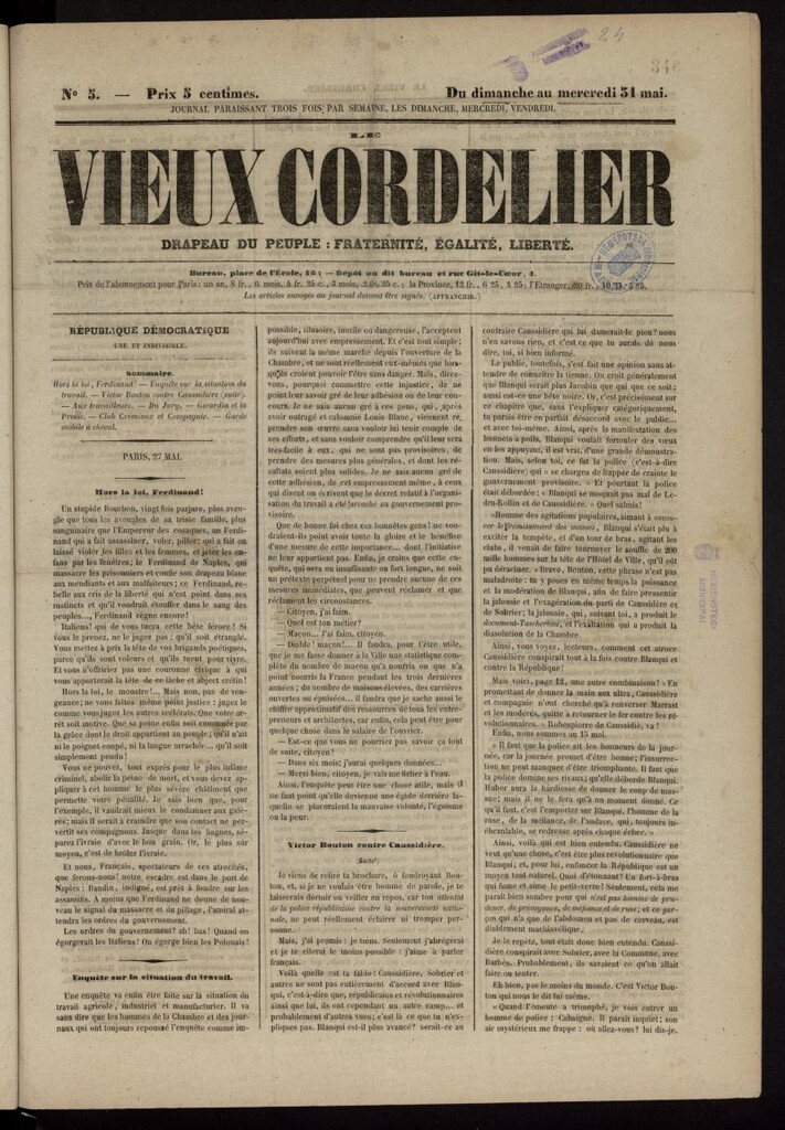 Miniatura de Le Vieux Cordelier de 1848: gazette de la révolution sociale del 30 de mayo de 1848, nº 5
