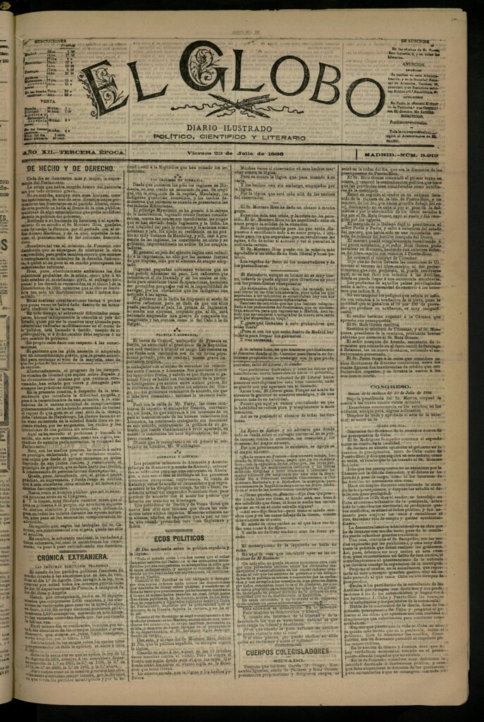 Miniatura de El Globo : diario ilustrado del 23 de julio de 1886, nº 3919