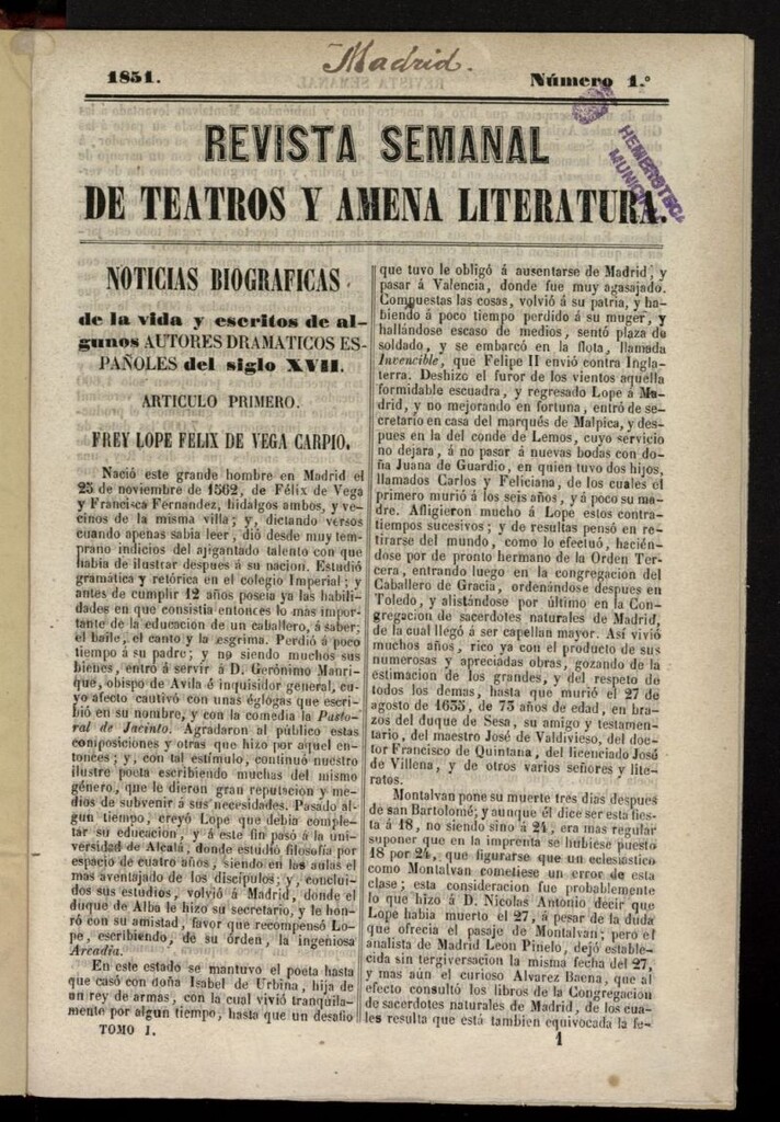 Miniatura de Revista Semanal de Teatros y Amena Literatura de 1851, nº 1