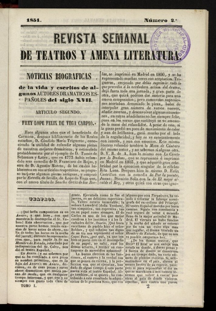 Miniatura de Revista Semanal de Teatros y Amena Literatura de 1851, nº 2