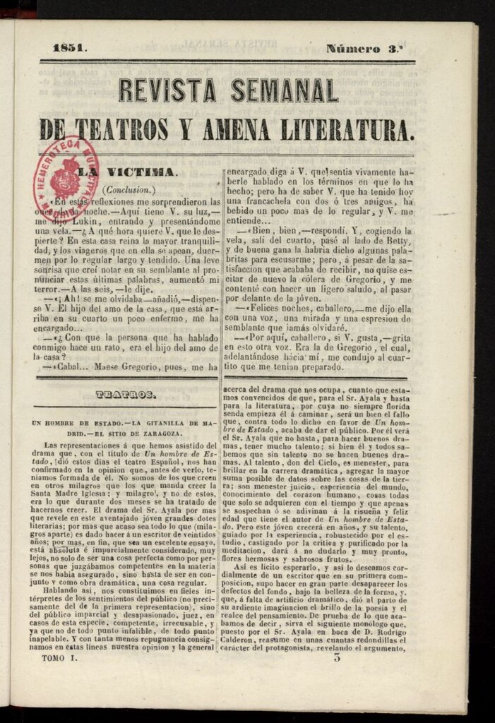 Miniatura de Revista Semanal de Teatros y Amena Literatura de 1851, nº 3