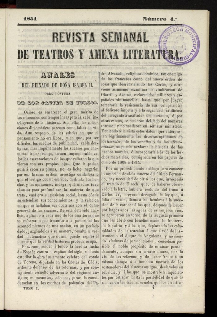 Miniatura de Revista Semanal de Teatros y Amena Literatura de 1851, nº 4