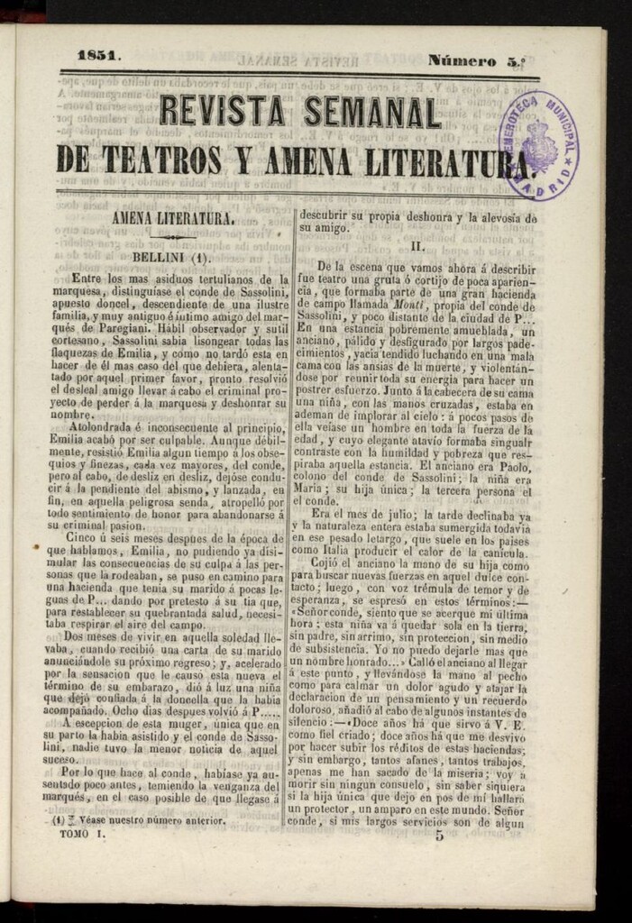 Miniatura de Revista Semanal de Teatros y Amena Literatura de 1851, nº 5