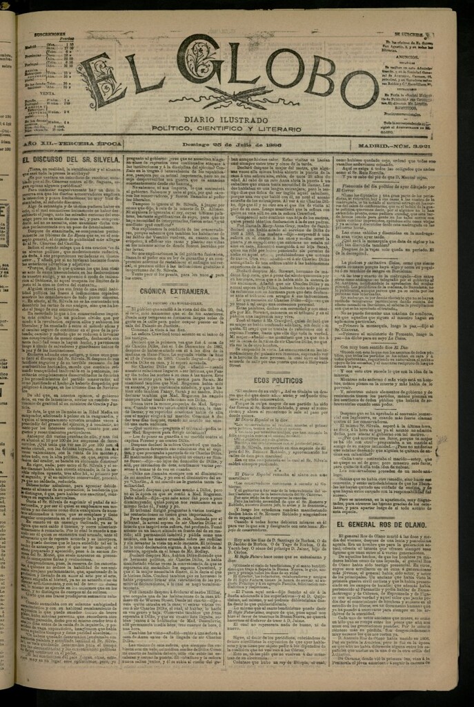 Miniatura de El Globo : diario ilustrado del 25 de julio de 1886, nº 3921