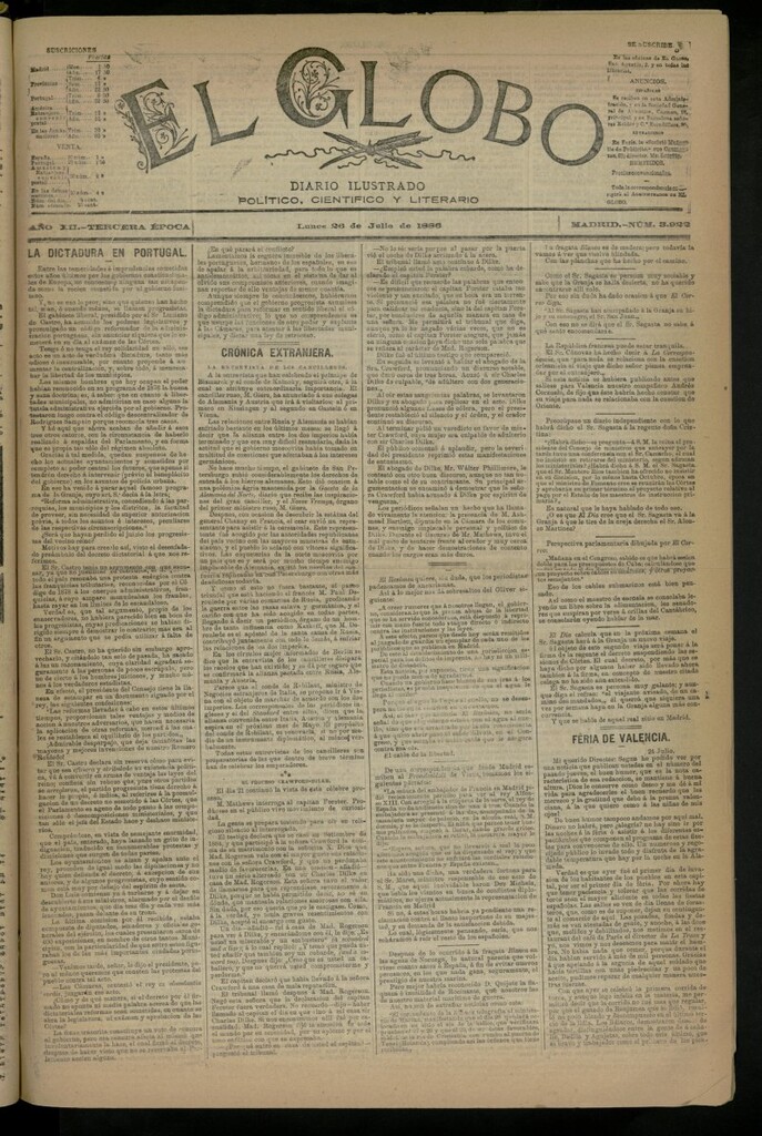 Miniatura de El Globo : diario ilustrado del 26 de julio de 1886, nº 3922