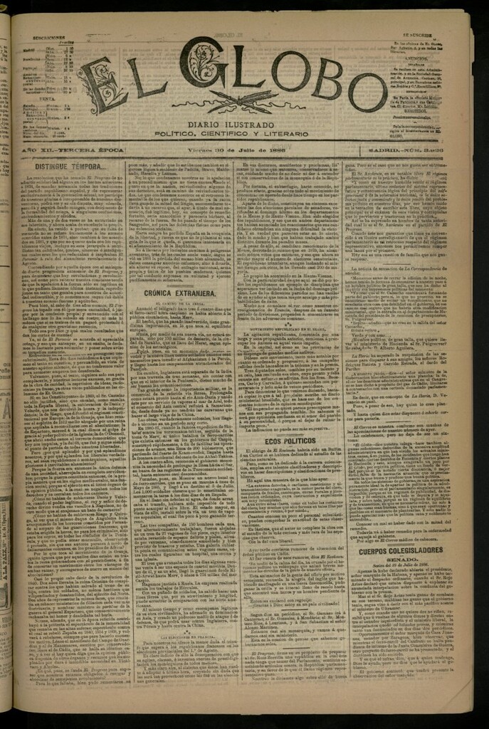 Miniatura de El Globo : diario ilustrado del 30 de julio de 1886, nº 3926
