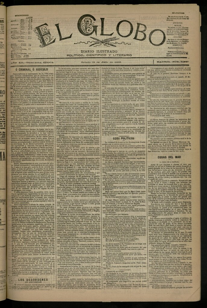 Miniatura de El Globo : diario ilustrado del 31 de julio de 1886, nº 3927
