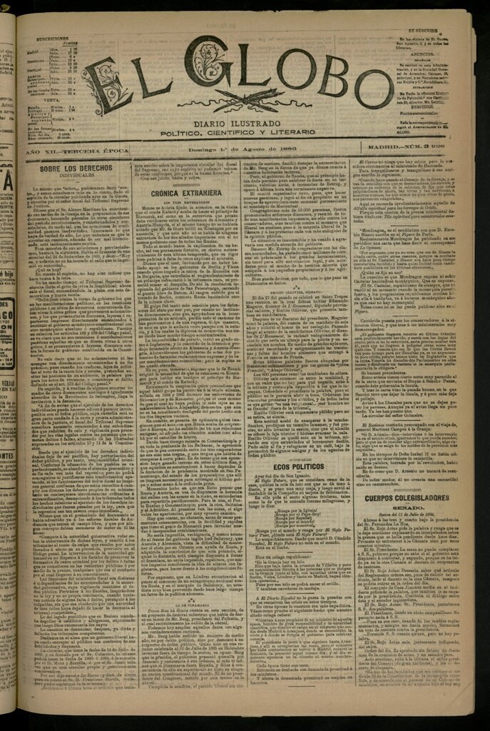 Miniatura de El Globo : diario ilustrado del 1 de agosto de 1886, nº 3928