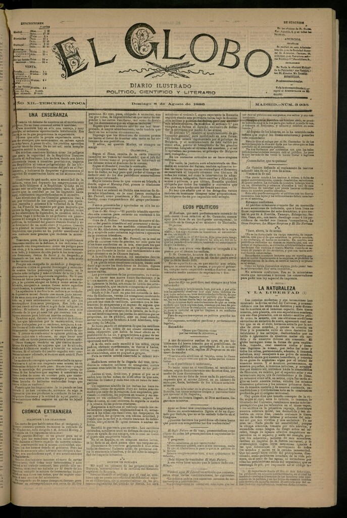 Miniatura de El Globo : diario ilustrado del 8 de agosto de 1886, nº 3935