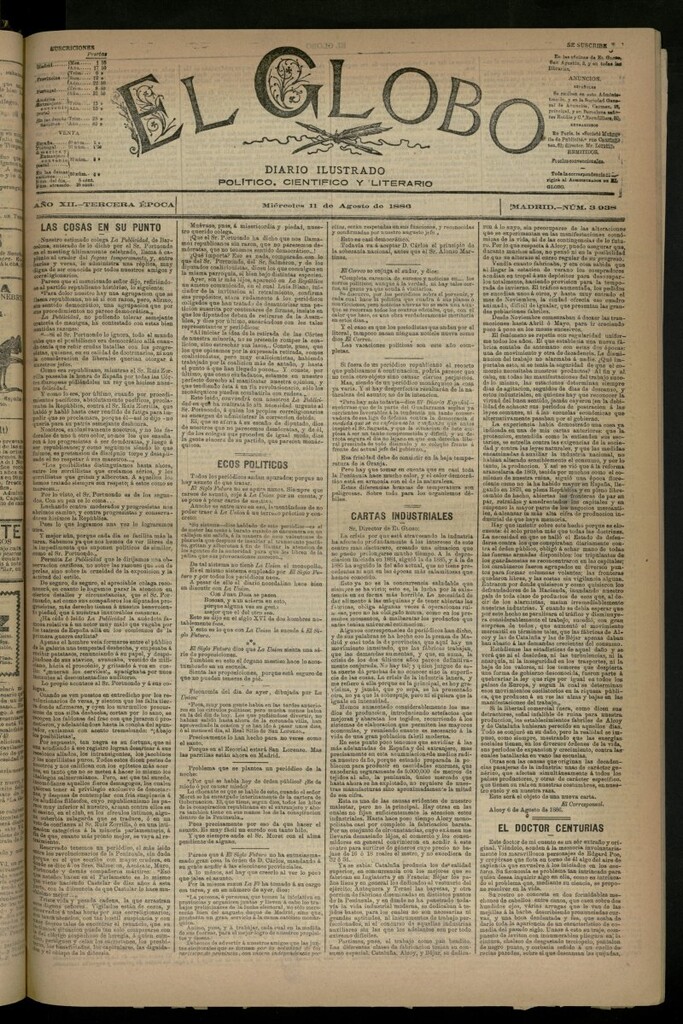 Miniatura de El Globo : diario ilustrado del 11 de agosto de 1886, nº 3938
