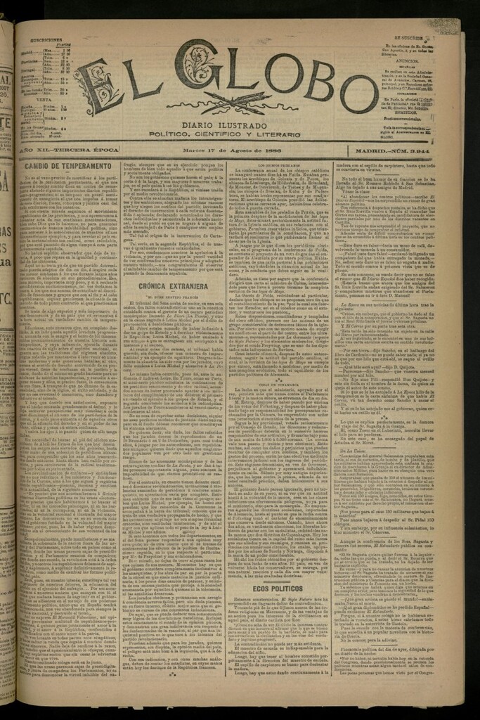 Miniatura de El Globo : diario ilustrado del 17 de agosto de 1886, nº 3944