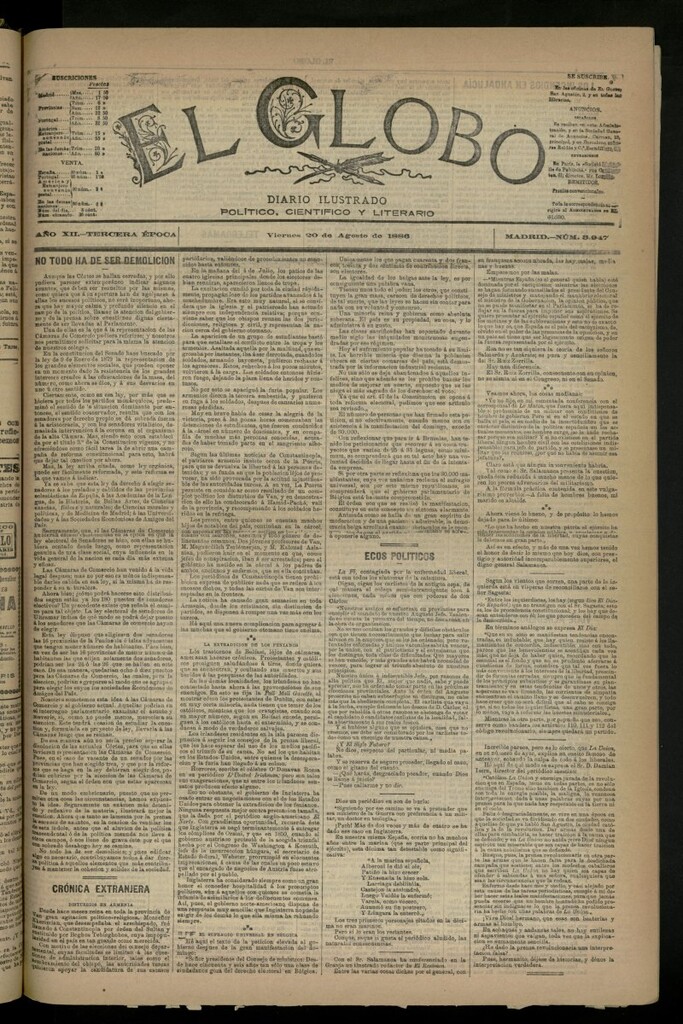 Miniatura de El Globo : diario ilustrado del 20 de agosto de 1886, nº 3947