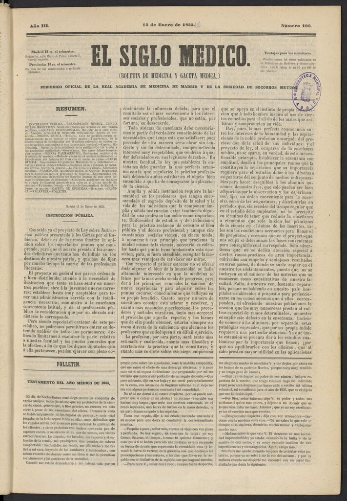 Miniatura de El Siglo Médico: boletín de medicina y gaceta médica del 13 de enero de 1856, nº 106