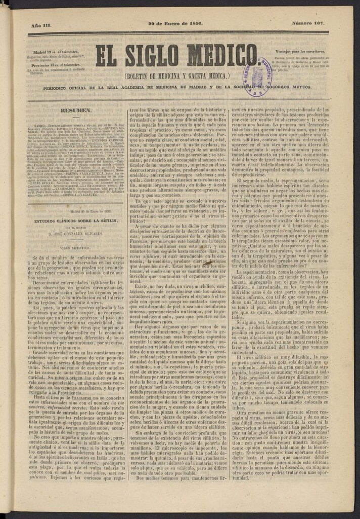 Miniatura de El Siglo Médico: boletín de medicina y gaceta médica del 20 de enero de 1856, nº 107