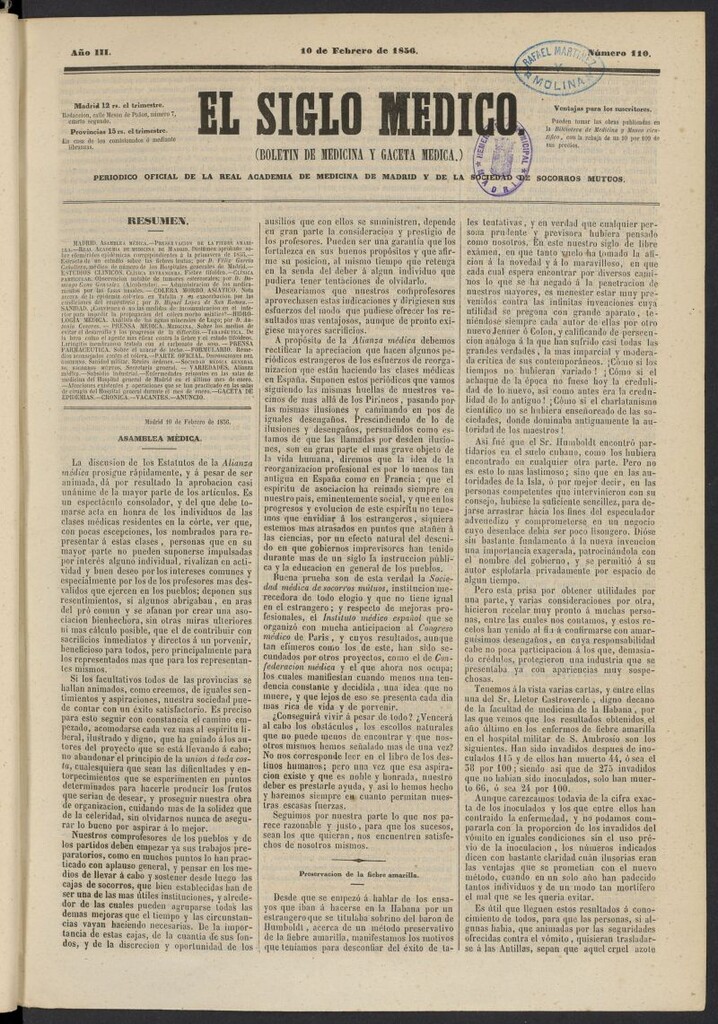 Miniatura de El Siglo Médico: boletín de medicina y gaceta médica del 10 de febrero de 1856, nº 110
