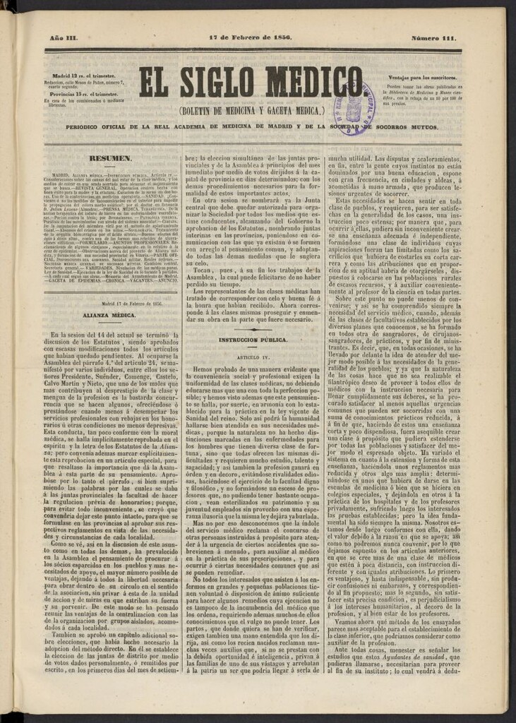 Miniatura de El Siglo Médico: boletín de medicina y gaceta médica del 17 de febrero de 1856, nº 111