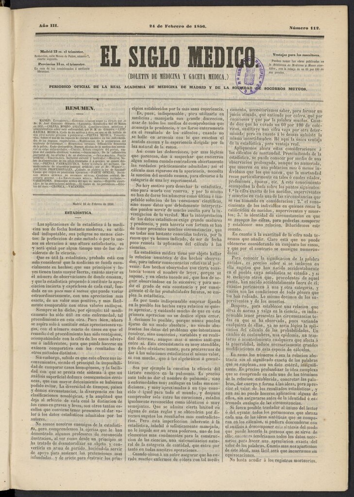 Miniatura de El Siglo Médico: boletín de medicina y gaceta médica del 24 de febrero de 1856, nº 112