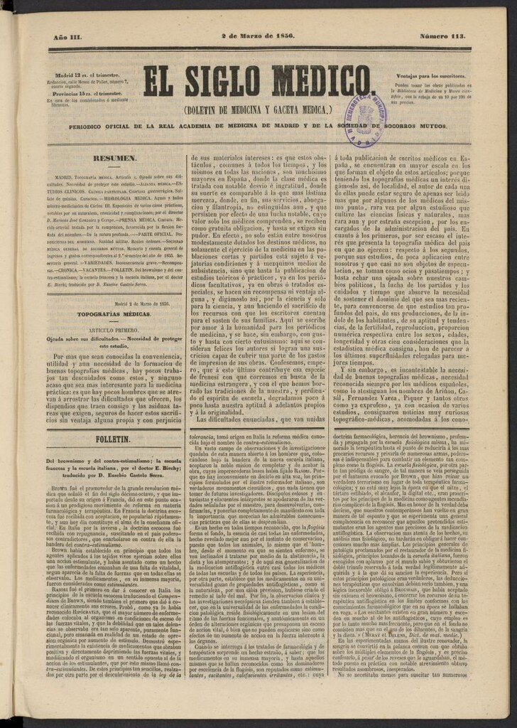 Miniatura de El Siglo Médico: boletín de medicina y gaceta médica del 2 de marzo de 1856, nº 113