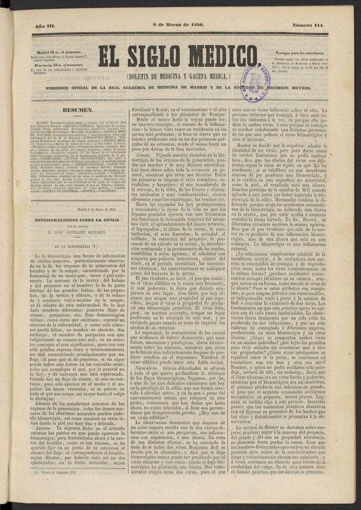 Miniatura de El Siglo Médico: boletín de medicina y gaceta médica del 9 de marzo de 1856, nº 114