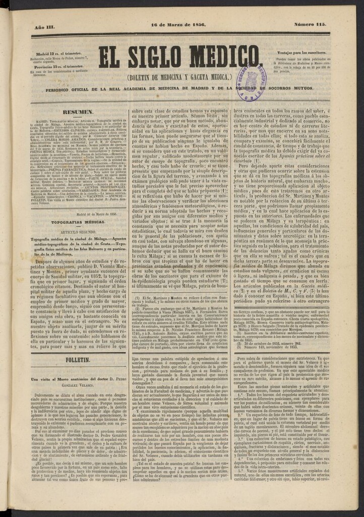 Miniatura de El Siglo Médico: boletín de medicina y gaceta médica del 16 de marzo de 1856, nº 115