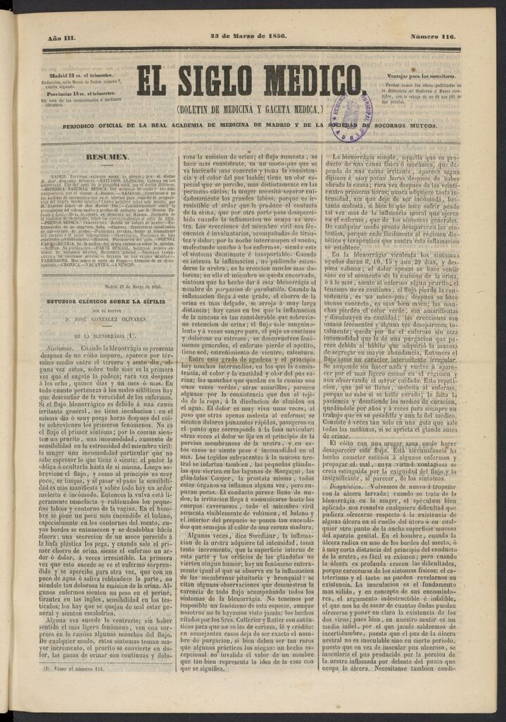 Miniatura de El Siglo Médico: boletín de medicina y gaceta médica del 23 de marzo de 1856, nº 116